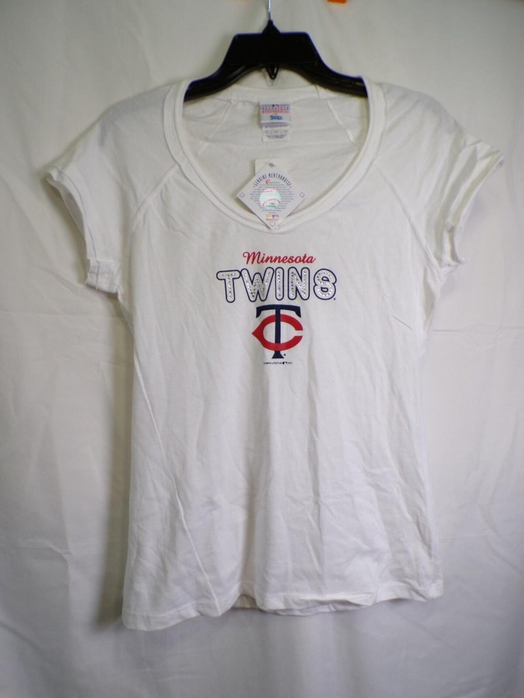 Campus Lifestyle Minnesota Twins Women L White Rhinestone Scoop T-Shirt