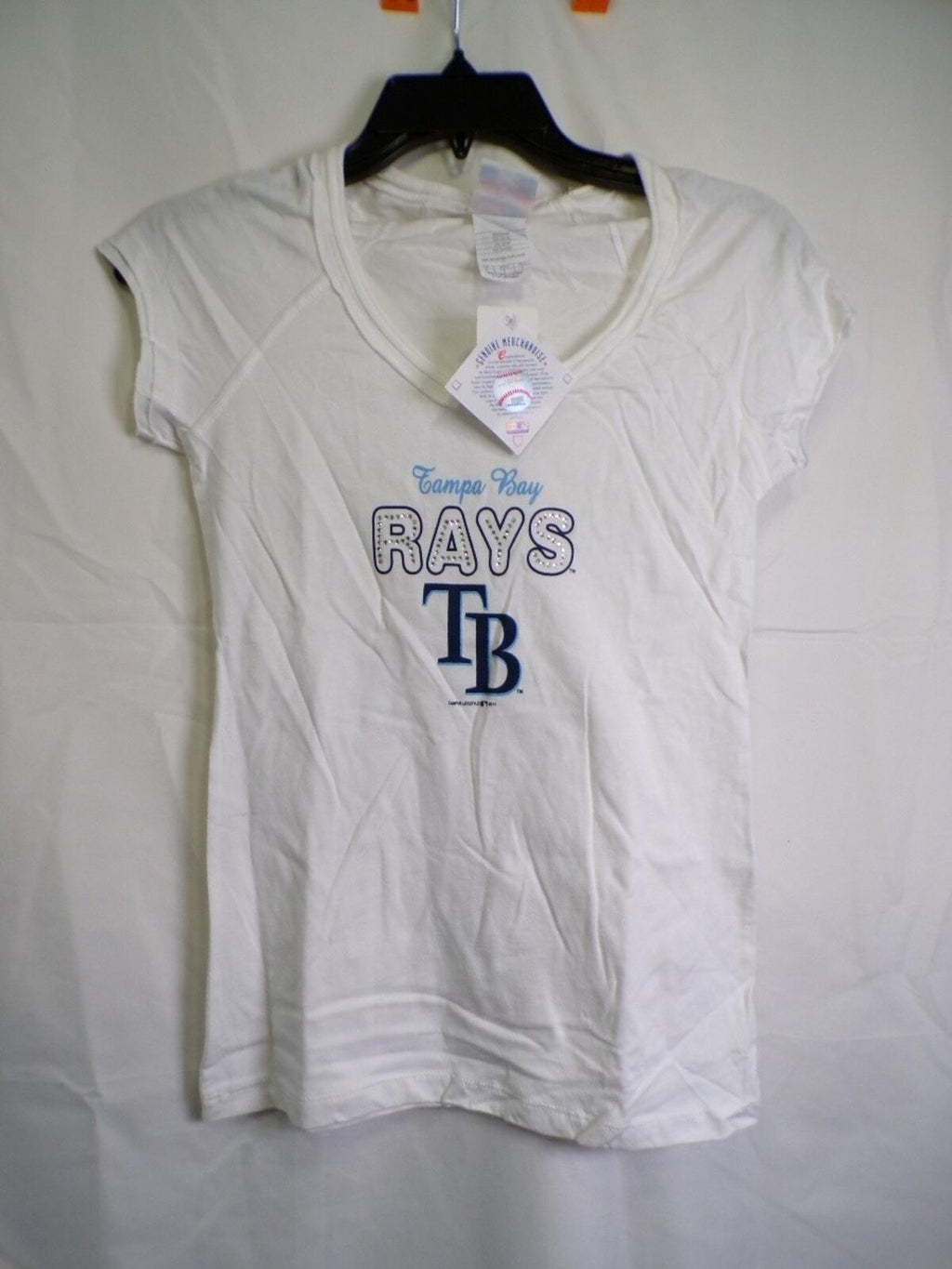 Women's Tampa Bay Rays White V Neck Rhinestone T-Shirt Size S