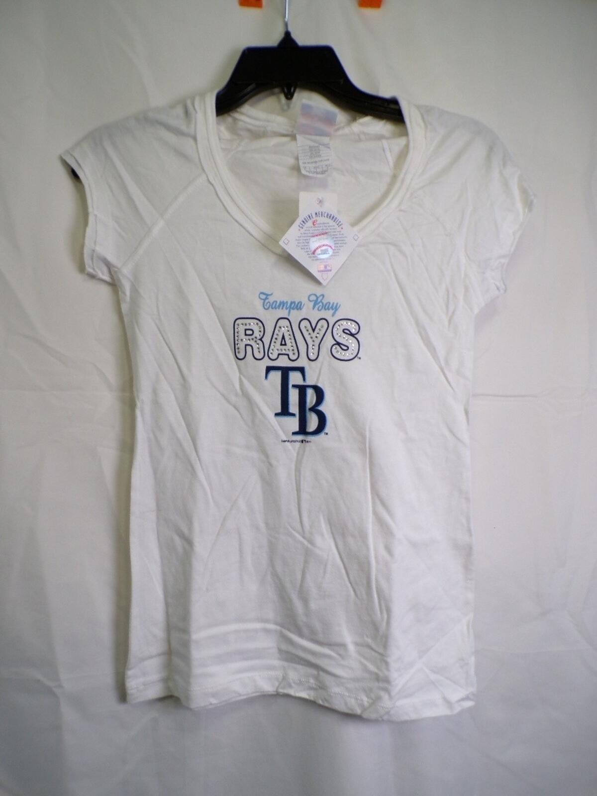 Women's Tampa Bay Rays White V Neck Rhinestone T-Shirt Size S