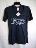 Women's Navy V Neck T-Shirt Tampa Bay Rays Front Logo Size M Heathered