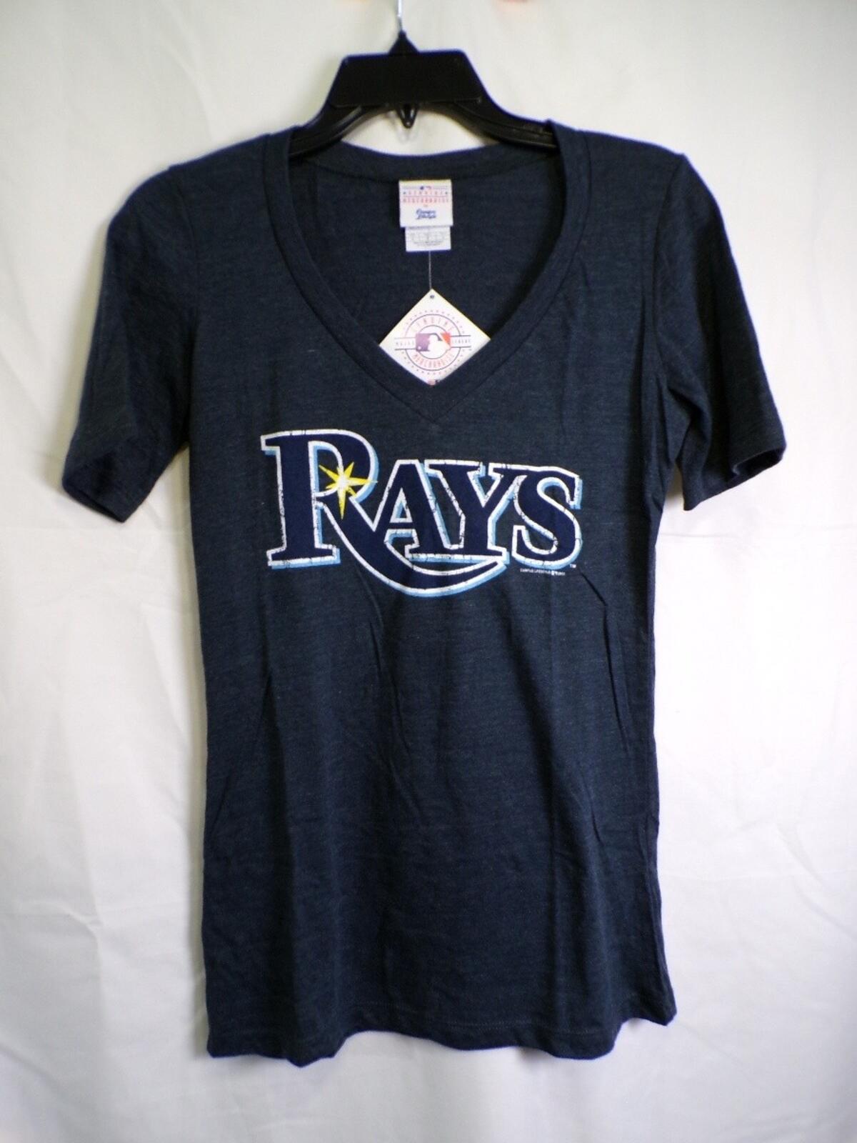 Women's Navy V Neck T-Shirt Tampa Bay Rays Front Logo Size M Heathered