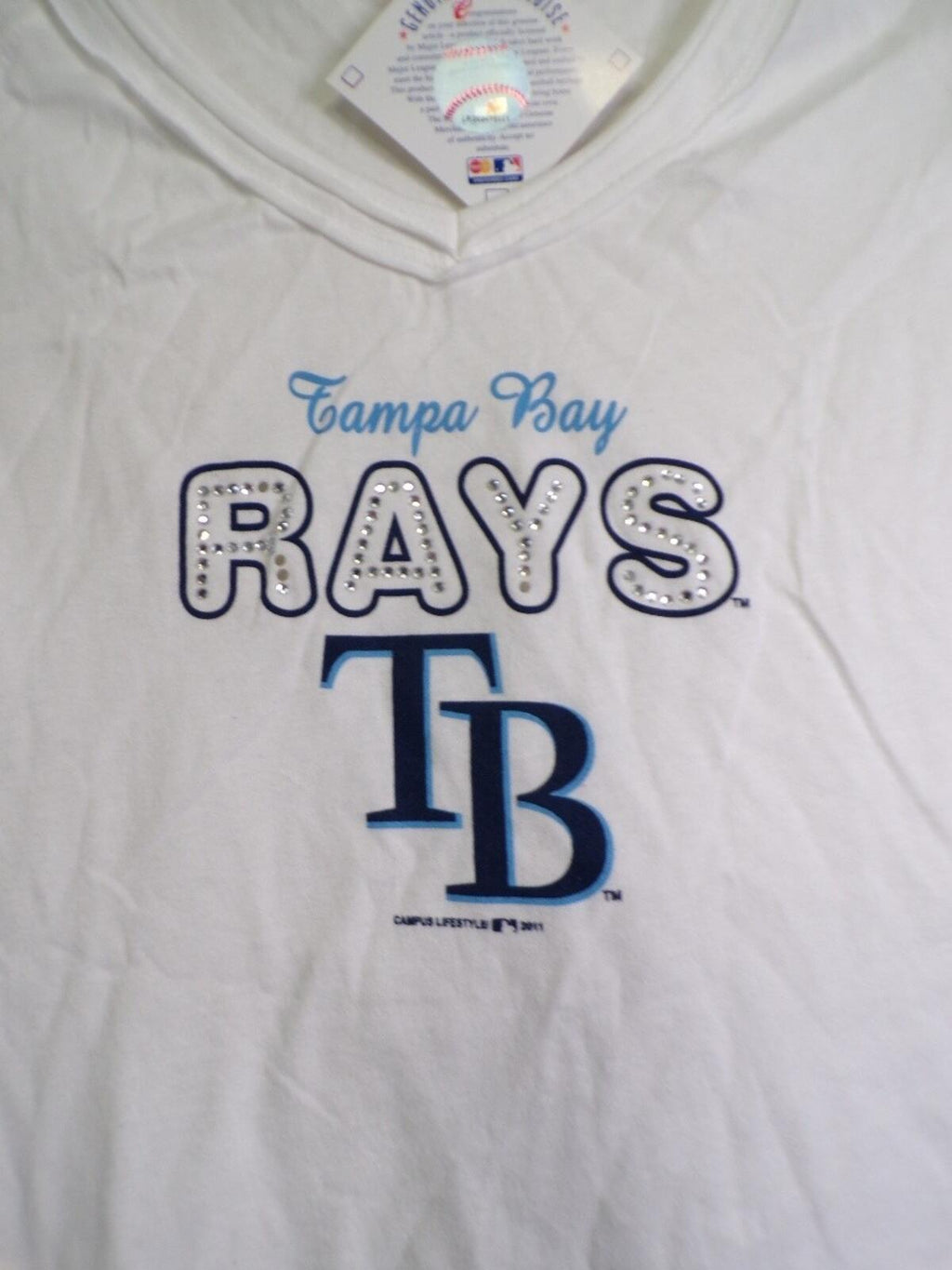 Campus Lifestyle Tampa Bay Rays Women's V-Neck Rhinestone Tee M White