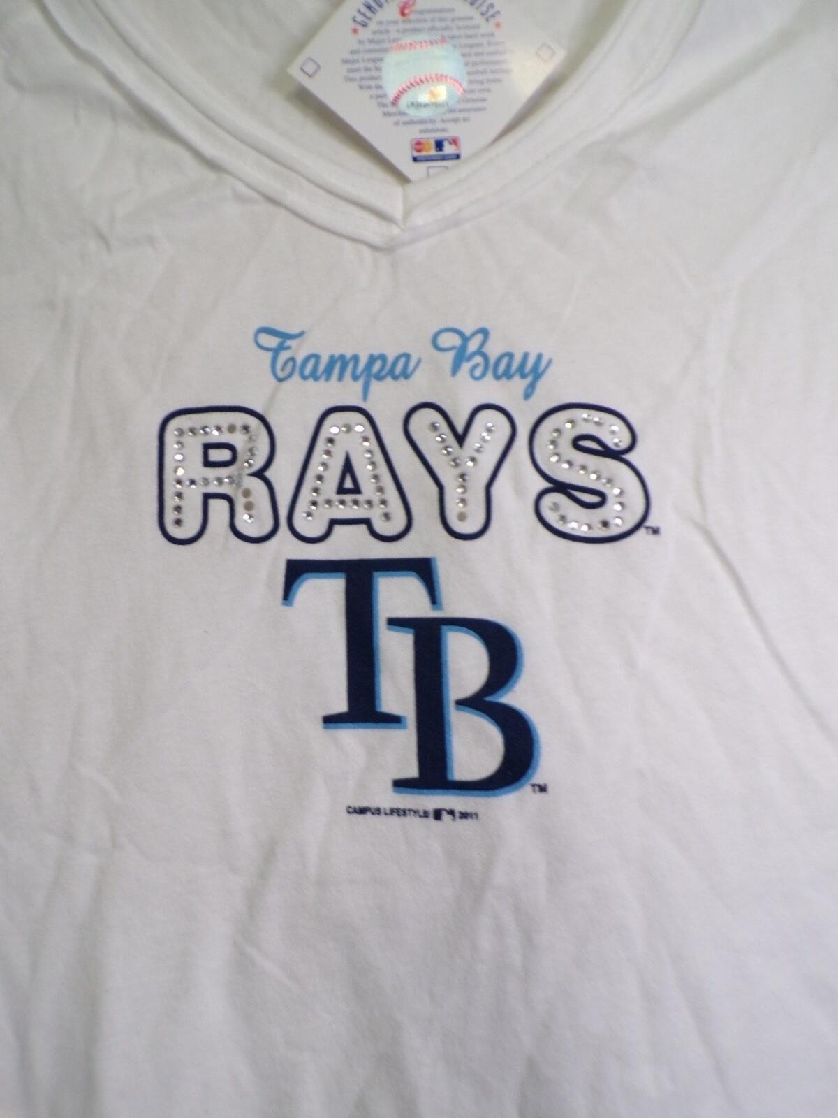 Campus Lifestyle Tampa Bay Rays Women's V-Neck Rhinestone Tee M White