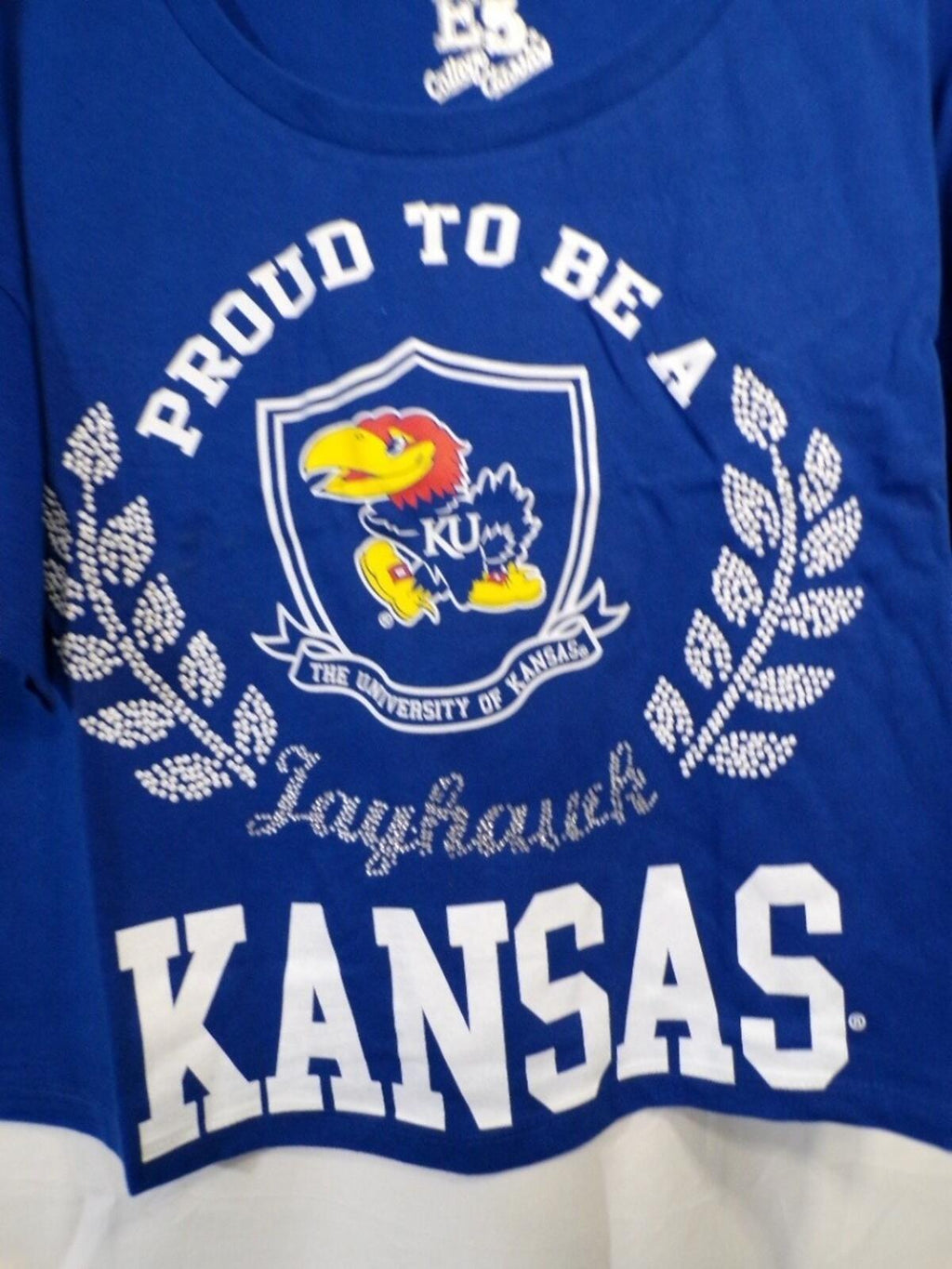 E5 College Classics Women's Kansas Jayhawks Cropped T-Shirt Large Blue