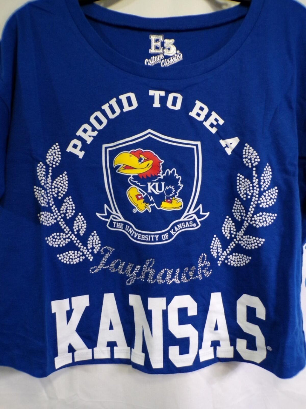 E5 College Classics Kansas Jayhawks Women's Cropped T-Shirt Medium Blue