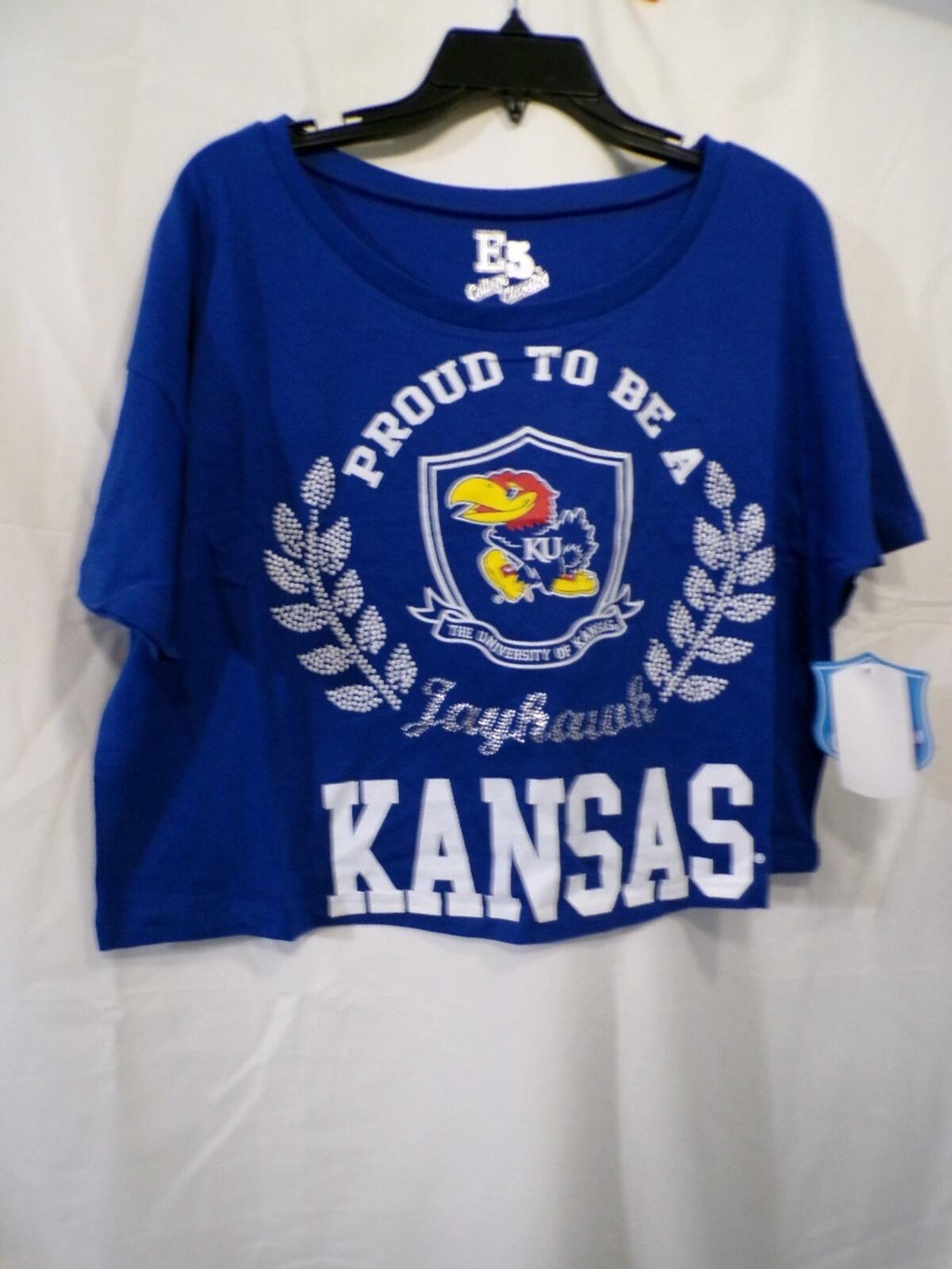 E5 College Classics Kansas Jayhawks Women's Cropped T-Shirt Large Blue