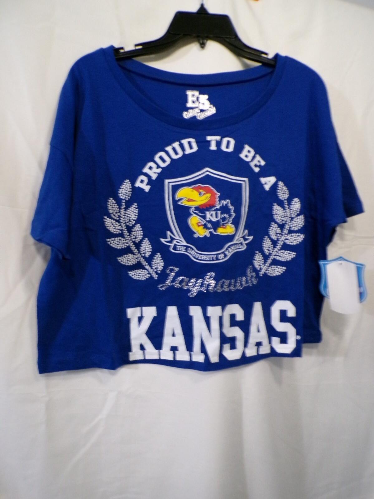 E5 College Classics Kansas Jayhawks Women's Cropped T-Shirt Large Blue