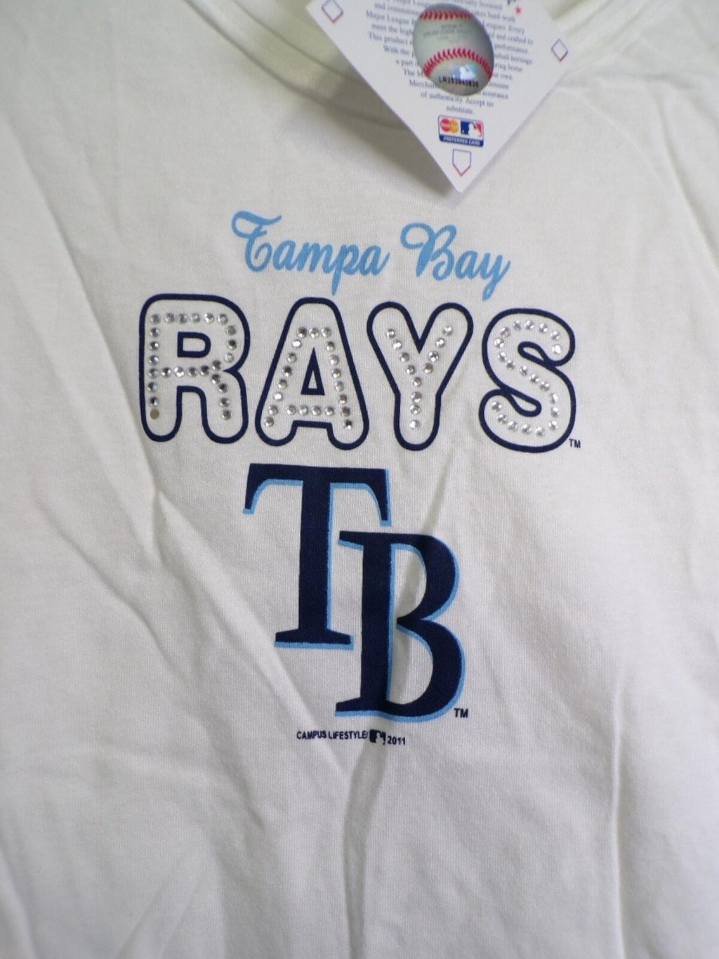 Women's Tampa Bay Rays White V Neck Rhinestone T-Shirt Size S