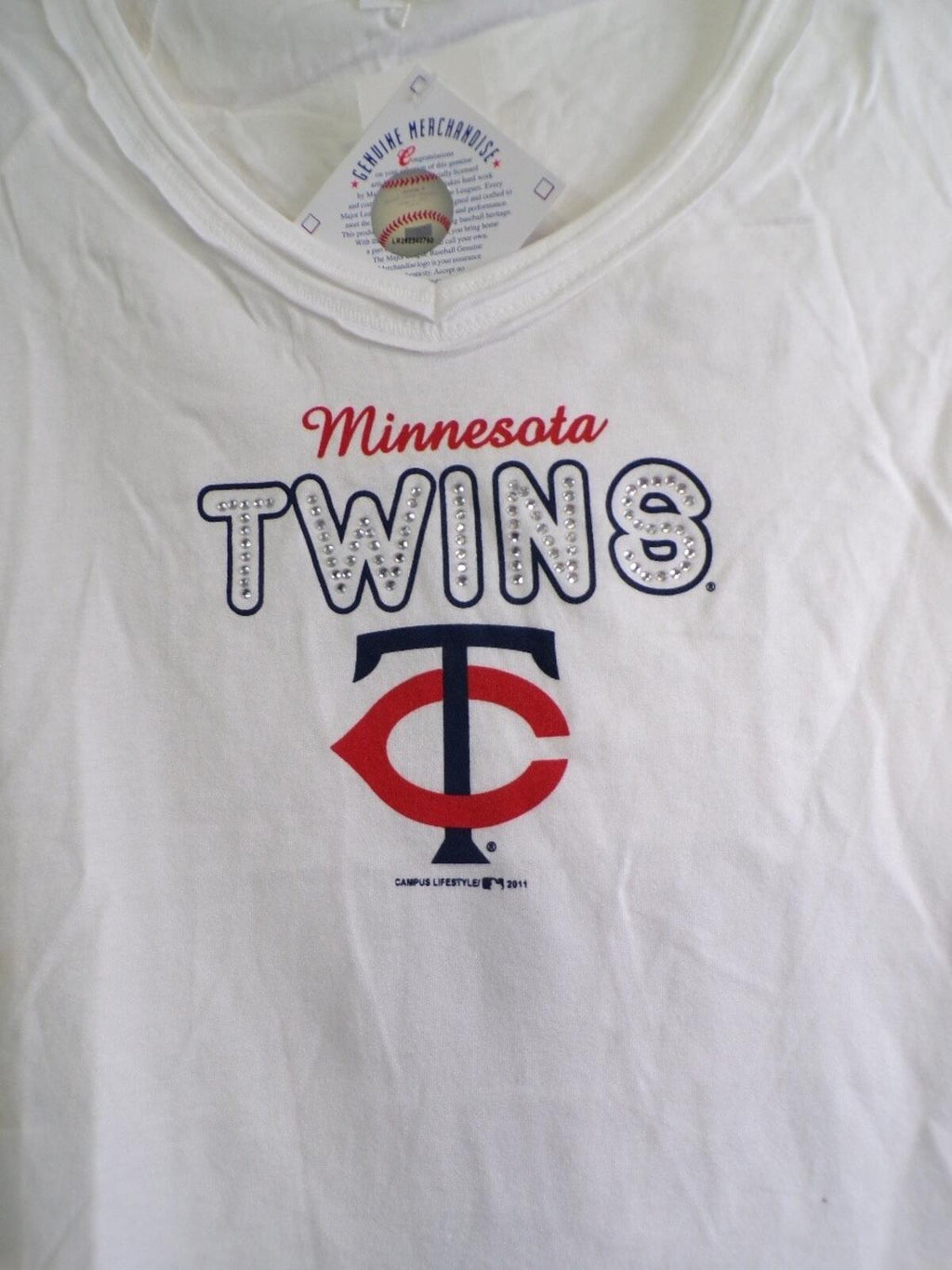 Lifestyle Women's Minnesota Twins Rhinestone V Neck T Shirt Large L White