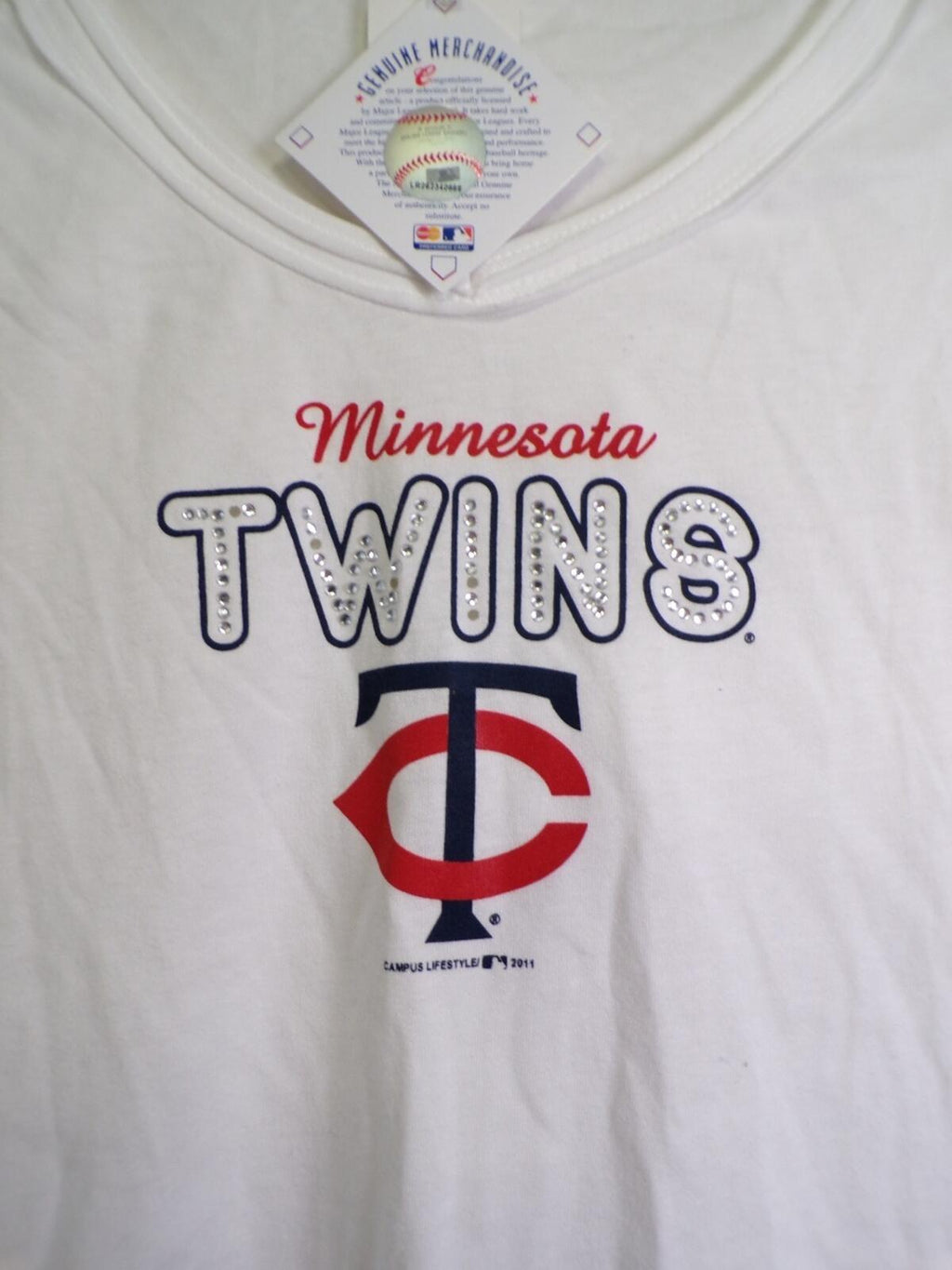 Campus Lifestyle Minnesota Twins Women L White Rhinestone Scoop T-Shirt