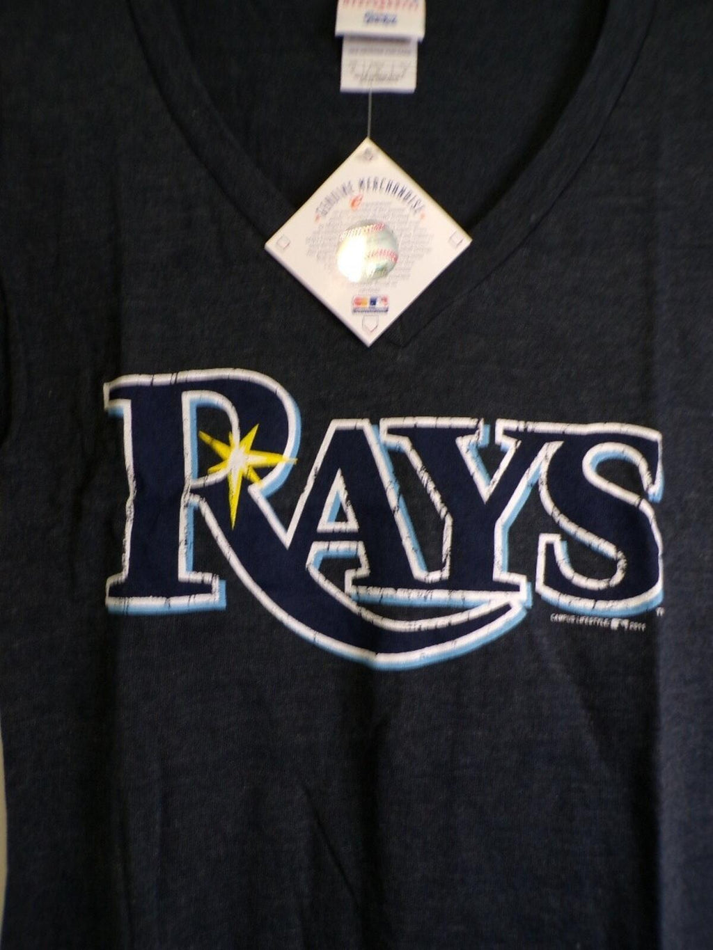 Majestic Women's Rays V Neck T-Shirt Size M Navy Team Wordmark