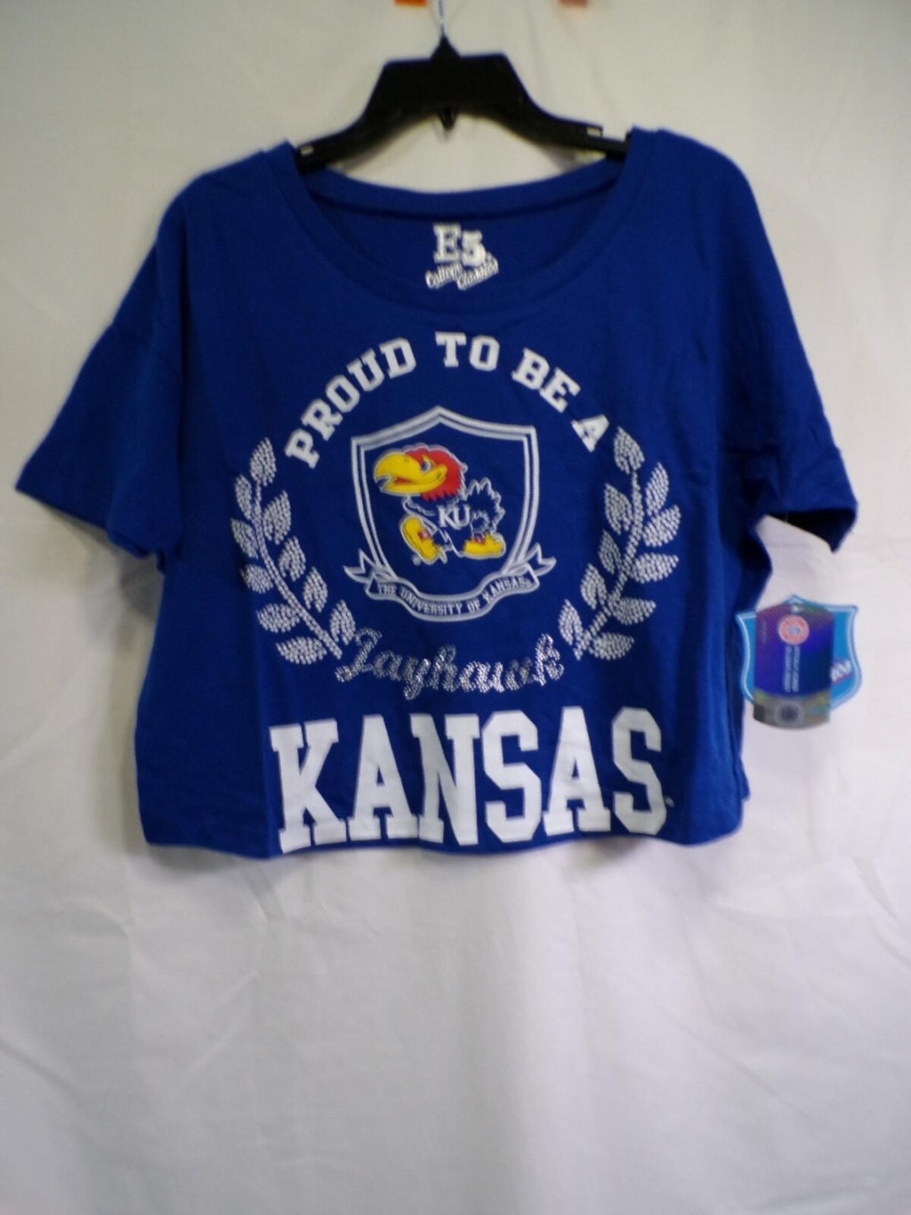 E5 College Classics Kansas Jayhawks Women's Cropped T-Shirt Medium Blue