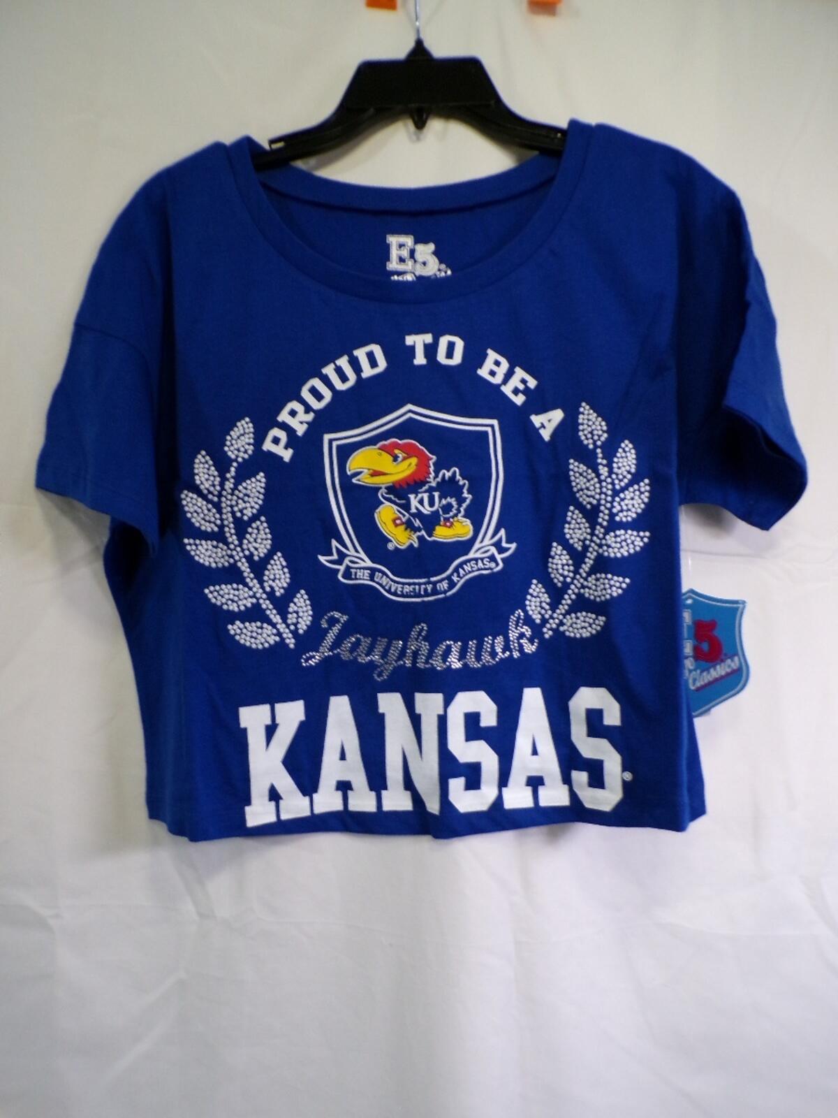 E5 College Classics Women's Cropped Kansas Jayhawk T-Shirt Small Blue